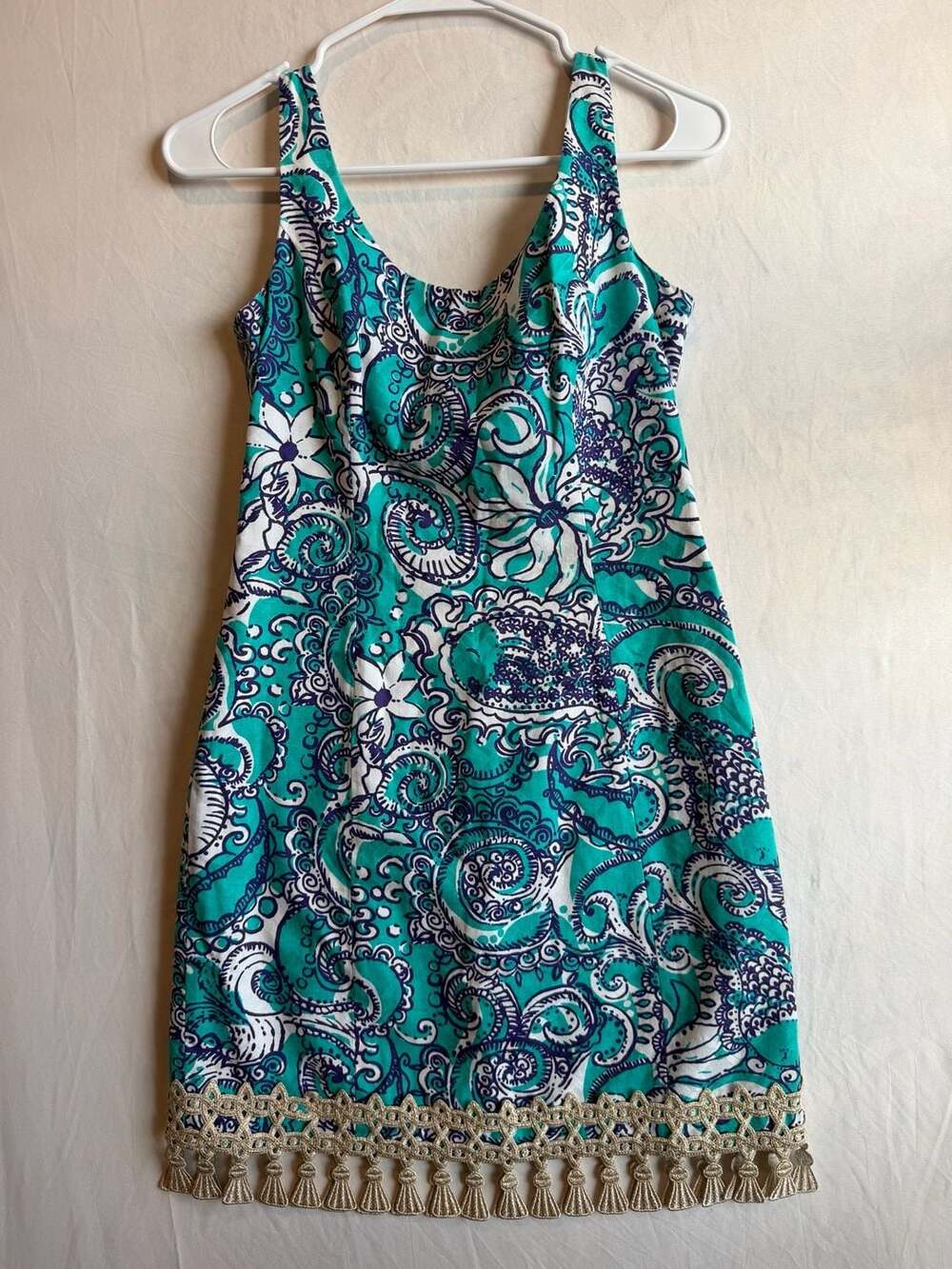 Lilly Pulitzer Eaton Shift Dress in Seafoam Print with Gold Tassel Trim